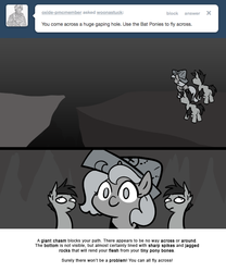 Size: 666x800 | Tagged: safe, artist:egophiliac, princess luna, oc, oc:frolicsome meadowlark, oc:sunshine smiles (egophiliac), bat pony, pony, moonstuck, g4, cartographer's cap, chasm, filly, grayscale, hat, monochrome, woona, woonoggles, younger
