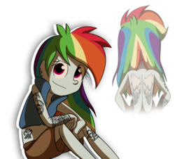 Size: 1380x1248 | Tagged: safe, artist:fj-c, rainbow dash, equestria girls, g4, back, belly button, clothes, earring, female, jewelry, looking at you, midriff, partial nudity, piercing, raised eyebrow, shorts, simple background, sitting, smiling, solo, tattoo, topless, transparent background, wing tattoo