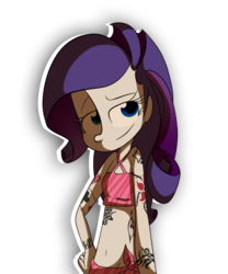 Size: 1028x1236 | Tagged: safe, artist:fj-c, rarity, equestria girls, g4, bedroom eyes, belly button, clothes, female, looking at you, midriff, raised eyebrow, simple background, smiling, solo, tattoo, transparent background