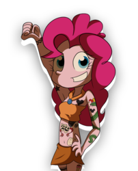 Size: 912x1128 | Tagged: safe, artist:fj-c, pinkie pie, equestria girls, g4, armpits, belly button, clothes, female, grin, jewelry, looking at you, midriff, necklace, pose, simple background, skirt, smiling, solo, tattoo, transparent background