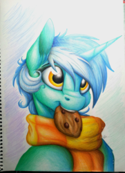 Size: 1904x2626 | Tagged: safe, artist:lupiarts, lyra heartstrings, pony, unicorn, g4, bust, clothes, cookie, cute, female, food, mouth hold, portrait, scarf, smiling, solo, traditional art
