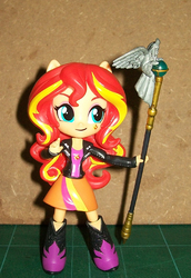 Size: 584x850 | Tagged: safe, sunset shimmer, equestria girls, g4, boots, clothes, doll, equestria girls minis, eqventures of the minis, female, jacket, leather jacket, magic staff, skirt, solo, toy