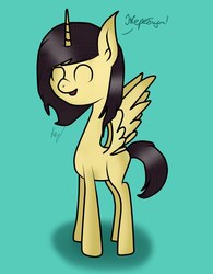 Size: 798x1024 | Tagged: artist needed, source needed, safe, oc, oc only, alicorn, pony, alicorn oc, eyes closed, open mouth, russian, smiling, solo, spread wings, translated in the description