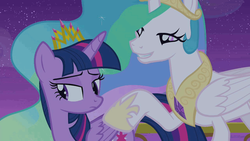 Size: 960x540 | Tagged: safe, screencap, princess celestia, twilight sparkle, alicorn, pony, g4, twilight's kingdom, comforting, crown, ethereal mane, female, flowing mane, folded wings, hoof shoes, in denial, jewelry, lidded eyes, mare, multicolored mane, narrowed eyes, new crown, night, peytral, regalia, singing, teacher and student, twilight sparkle (alicorn), unsure, you'll play your part
