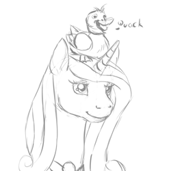 Size: 1024x1024 | Tagged: safe, artist:breadworth, princess cadance, alicorn, duck, pony, g4, bust, female, grayscale, lidded eyes, monochrome, portrait, quack, simple background, sketch, smiling, solo, white background