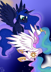 Size: 1500x2100 | Tagged: safe, artist:unicornswag00, princess celestia, princess luna, g4, cute, flying, lunabetes, royal sisters, stars, sun, tongue out