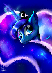 Size: 2000x2800 | Tagged: safe, artist:spirodraw, princess luna, alicorn, pony, g4, bust, ethereal mane, eyelashes, female, galaxy mane, high res, horn, jewelry, magic, mare, portrait, signature, smiling, solo, tiara
