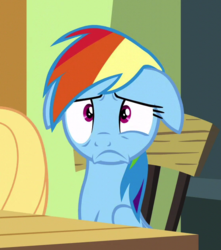 Size: 561x635 | Tagged: safe, screencap, rainbow dash, zephyr breeze, pegasus, pony, flutter brutter, g4, chair, female, floppy ears, frown, mare, offscreen character, sitting, solo