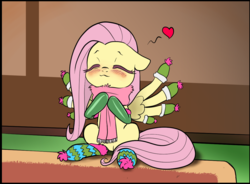 Size: 1169x862 | Tagged: safe, artist:pencils, edit, fluttershy, pegasus, pony, comic:fluttershy's anti-adventures, g4, blushing, clothes, comfy, cropped, cute, daaaaaaaaaaaw, eyes closed, female, floating heart, floppy ears, heart, mare, pencils is trying to murder us, scarf, shyabetes, socks, solo, striped socks, weapons-grade cute, wing socks