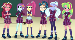 Size: 1240x664 | Tagged: safe, artist:themexicanpunisher, gloriosa daisy, indigo zap, lemon zest, sour sweet, sugarcoat, sunny flare, equestria girls, g4, braid, clothes, crystal prep academy uniform, glasses, goggles, headphones, high heels, leggings, pigtails, pleated skirt, ponytail, school uniform, shadow five, shoes, skirt, socks, twintails