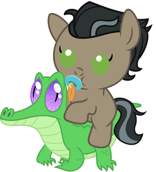 Size: 841x927 | Tagged: safe, artist:red4567, doctor caballeron, gummy, alligator, earth pony, pony, g4, baby, baby pony, colt, cute, cutealleron, duo, duo male, foal, male, pacifier, ponies riding gators, riding