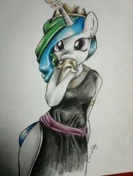 Size: 1920x2560 | Tagged: safe, artist:nolyanimeid, princess celestia, anthro, unguligrade anthro, g4, arm hooves, clothes, dress, female, side slit, simple background, solo, traditional art