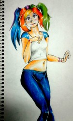 Size: 1500x2481 | Tagged: safe, artist:nolyanimeid, rainbow dash, human, g4, belly button, clothes, female, humanized, midriff, pants, pigtails, shirt, short shirt, simple background, solo, t-shirt, traditional art, twintails