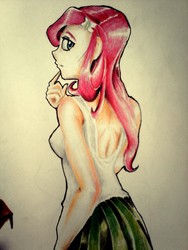 Size: 1920x2560 | Tagged: safe, artist:nolyanimeid, fluttershy, human, g4, clothes, female, humanized, simple background, solo, tank top, traditional art