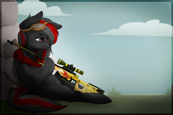 Size: 1800x1200 | Tagged: artist needed, safe, oc, oc only, oc:phoenix genevieve, pegasus, pony, awp, counter-strike, counter-strike: global offensive, dragon lore, gun, hooves, male, optical sight, red and black oc, rifle, sitting, sniper, sniper rifle, solo, stallion, weapon, wings
