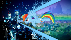 Size: 1920x1080 | Tagged: safe, artist:spntax, rainbow dash, pegasus, pony, g4, angry, city, female, flying, fourth wall, fourth wall destruction, frown, irl, mare, night, photo, ponyville, solo, wallpaper