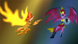 Size: 1920x1080 | Tagged: safe, artist:mistsnare, sunset shimmer, angel, demon, equestria girls, g4, 3d, angry, artificial wings, augmented, battlefield, clothes, dark magic, daydream shimmer, dress, face paint, fight, halberd, magic, magic wings, self paradox, source filmmaker, sunset satan, sunset's conscience, weapon, wings