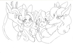 Size: 2338x1700 | Tagged: safe, artist:keriwi1, discord, fluttershy, g4, butterscotch, eris, male, monochrome, rule 63, self ponidox, ship:discoshy, ship:eriscotch, shipping, straight, traditional art