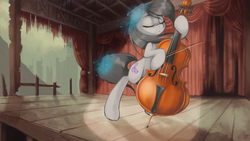 Size: 2400x1350 | Tagged: safe, artist:darksittich, octavia melody, ghost, fallout equestria, g4, bow (instrument), cello, cello bow, cover art, female, musical instrument, solo, spotlight, stable-tec, stage