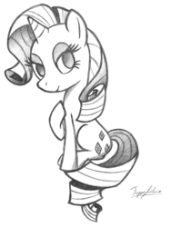 Size: 1249x1657 | Tagged: safe, artist:topaztortise, rarity, pony, unicorn, g4, female, grayscale, hoof on chest, lidded eyes, looking at you, monochrome, pencil drawing, simple background, sitting, solo, traditional art, white background
