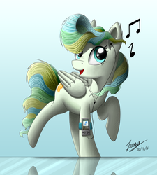 Size: 3000x3333 | Tagged: safe, artist:duskie-06, vapor trail, pegasus, pony, g4, earbuds, female, high res, ipod, listening, mp3 player, music, music notes, open mouth, reflection, signature, smiling, solo