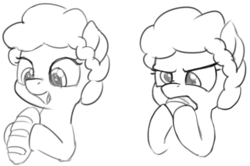 Size: 1248x830 | Tagged: safe, artist:zippysqrl, oc, oc only, oc:bread, earth pony, pony, bread, bust, cross-eyed, eating, food, grayscale, monochrome, nose wrinkle, open mouth, simple background, sketch, smiling, solo, white background