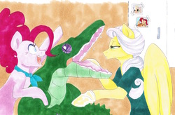 Size: 1130x743 | Tagged: safe, artist:frozensoulpony, fluttershy, gummy, pinkie pie, g4, clothes, lidded eyes, older, older gummy, open mouth, smiling, traditional art, veterinarian