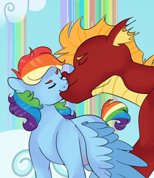 Size: 1200x1386 | Tagged: safe, artist:soft-arthropod, garble, rainbow dash, dragon, g4, crack shipping, duo, garbledash, kissing, male, shipping, straight