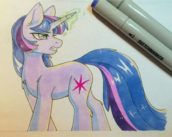 Size: 1280x1019 | Tagged: safe, artist:fensu-san, twilight sparkle, g4, angry, female, fluffy, frown, glare, glowing eyes, glowing horn, gritted teeth, horn, looking back, magic, nose wrinkle, solo, traditional art