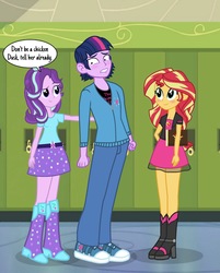 Size: 1902x2362 | Tagged: dead source, safe, artist:drewmwhit, starlight glimmer, sunset shimmer, twilight sparkle, equestria girls, g4, alternate clothes, blushing, boots, canterlot high, clothes, converse, counterparts, dialogue, dusk shine, equestria girls-ified, equestria guys, half r63 shipping, hallway, high heel boots, leather jacket, lip bite, lockers, male, pants, prince dusk, rule 63, ship:duskshimmer, ship:sunsetsparkle, shipping, shoes, skirt, sneakers, sparkles, speech bubble, straight, twilight's counterparts