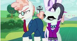 Size: 853x462 | Tagged: safe, screencap, coloratura, svengallop, earth pony, pony, g4, the mane attraction, countess coloratura, female, glare, male, mare, stallion