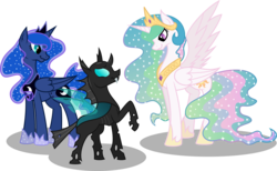 Size: 9716x6000 | Tagged: safe, artist:mactavish1996, artist:rossmaniteanzu, princess celestia, princess luna, thorax, changeling, g4, absurd resolution, male, royal sisters, shipping, simple background, straight, thoralestia, transparent background, trio, vector