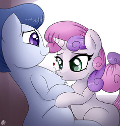 Size: 1327x1394 | Tagged: safe, artist:ohiekhe, rumble, sweetie belle, pony, g4, chest fluff, heart, kissing, male, rumble gets all the fillies, ship:rumbelle, shipping, straight, wingless