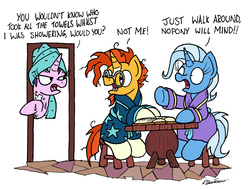 Size: 2099x1585 | Tagged: safe, artist:bobthedalek, starlight glimmer, sunburst, trixie, pony, unicorn, g4, bathrobe, clothes, dialogue, implied lesbian, implied shipping, implied starburst, implied startrix, open mouth, robe, shower, simple background, sitting, table, towel, trio, underhoof, we don't normally wear clothes, wet, white background, wide eyes