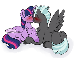 Size: 1200x938 | Tagged: safe, artist:soft-arthropod, thunderlane, twilight sparkle, alicorn, pony, g4, blushing, chest fluff, duo, female, kissing, male, nuzzling, prone, shipping, simple background, spread wings, straight, twilane, twilight sparkle (alicorn), wavy mouth