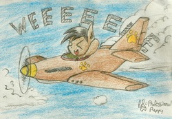 Size: 2770x1915 | Tagged: safe, artist:professionalpuppy, oc, oc only, oc:cocoa mocha, chibi, cute, happy, p-51 mustang, plane, solo, traditional art, xd