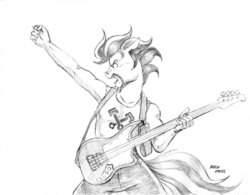 Size: 1400x1091 | Tagged: safe, artist:baron engel, oc, oc only, earth pony, anthro, anthro oc, grayscale, guitar, monochrome, pencil drawing, simple background, sketch, solo, traditional art, white background