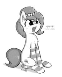 Size: 1280x1600 | Tagged: safe, artist:dsp2003, oc, oc only, oc:brownie bun, earth pony, pony, chest fluff, clothes, cute, descriptive noise, dsp2003 is trying to murder us, female, gasp, happy, monochrome, open mouth, socks, solo, striped socks