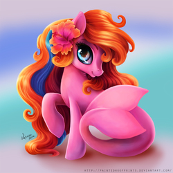 Size: 1200x1200 | Tagged: safe, artist:paintedhoofprints, oc, oc only, oc:coral, merpony, flower, flower in hair, raised hoof, solo