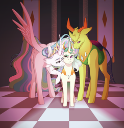 Size: 1448x1488 | Tagged: dead source, safe, artist:celeriven, princess celestia, thorax, oc, oc:celestial monarch, alicorn, changedling, changeling, changepony, hybrid, pony, g4, to where and back again, changeling king, crown, curved horn, family, horn, interspecies offspring, jewelry, king thorax, male, momlestia, nuzzling, offspring, one eye closed, parent:princess celestia, parent:thorax, parents:thoralestia, raised hoof, regalia, shipping, spread wings, straight, thoralestia