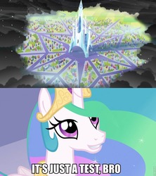 Size: 853x960 | Tagged: safe, edit, edited screencap, screencap, princess celestia, g4, the crystal empire, bullshit, cloud, crystal empire, grin, image macro, insane troll logic, it's just a prank bro, meme, op is a duck, op is on drugs, op is trying to start shit, smiling, trollestia