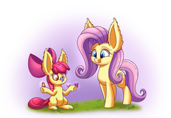 Size: 1450x1000 | Tagged: safe, artist:heir-of-rick, apple bloom, fluttershy, butterfly, g4, adorabloom, cute, cutie mark, duo, impossibly large ears, shyabetes, the cmc's cutie marks, yellow skin