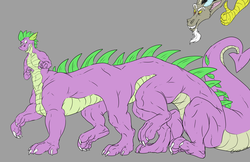 Size: 5100x3300 | Tagged: safe, artist:carnizzoi, discord, spike, dragon, taur, g4, discord's corruption, multiple limbs, older spike, paws, simple background, surprised, taur train, thumbs up, transformation, what has magic done