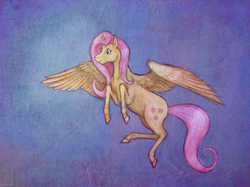 Size: 2592x1936 | Tagged: safe, artist:sofia-the-dreamer, fluttershy, g4, female, flying, looking away, smiling, solo, spread wings, traditional art