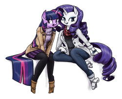 Size: 1280x1040 | Tagged: safe, artist:king-kakapo, rarity, twilight sparkle, unicorn, anthro, unguligrade anthro, g4, arm hooves, boots, bracelet, clothes, coat, duo, duo female, eyeshadow, female, jewelry, makeup, open mouth, pants, pantyhose, plaid skirt, sandals, scarf, simple background, sitting, skirt, smiling, sweater, tights, turtleneck, white background