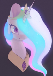 Size: 844x1200 | Tagged: dead source, safe, artist:lonelycross, princess celestia, pony, g4, bust, cute, cutelestia, female, glowing, glowing mane, gray background, hair over one eye, mare, portrait, simple background, smiling, solo