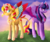 Size: 687x573 | Tagged: safe, artist:misstulcadhiel, sunset shimmer, twilight sparkle, alicorn, classical unicorn, pony, g4, alicornified, duo, horn, jewelry, leonine tail, race swap, regalia, shimmercorn, twilight sparkle (alicorn)