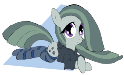 Size: 2022x1238 | Tagged: safe, artist:welkin-draws, marble pie, earth pony, pony, g4, anatomically incorrect, blushing, clothes, cute, dock, female, hoodie, incorrect leg anatomy, looking at you, marblebetes, mare, prone, simple background, smiling, socks, solo, striped socks, transparent background