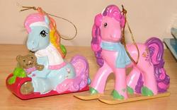 Size: 654x407 | Tagged: safe, photographer:tradertif, rainbow dash (g3), skywishes, g3, christmas, clothes, earmuffs, irl, merchandise, ornament, ornaments, photo, scarf, skiing, skis, sled, teddy bear