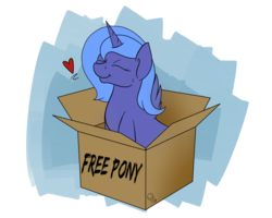 Size: 1000x800 | Tagged: safe, artist:everdale, princess luna, pony, g4, :t, box, cardboard box, cute, eyes closed, female, heart, pony in a box, s1 luna, simple background, sitting, smiling, solo, white background